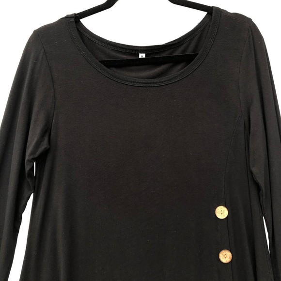 Black Long Sleeves Knit Top Size M Wooden Buttons Longline Asymmetric Hem Rayon - Picture 2 of 6